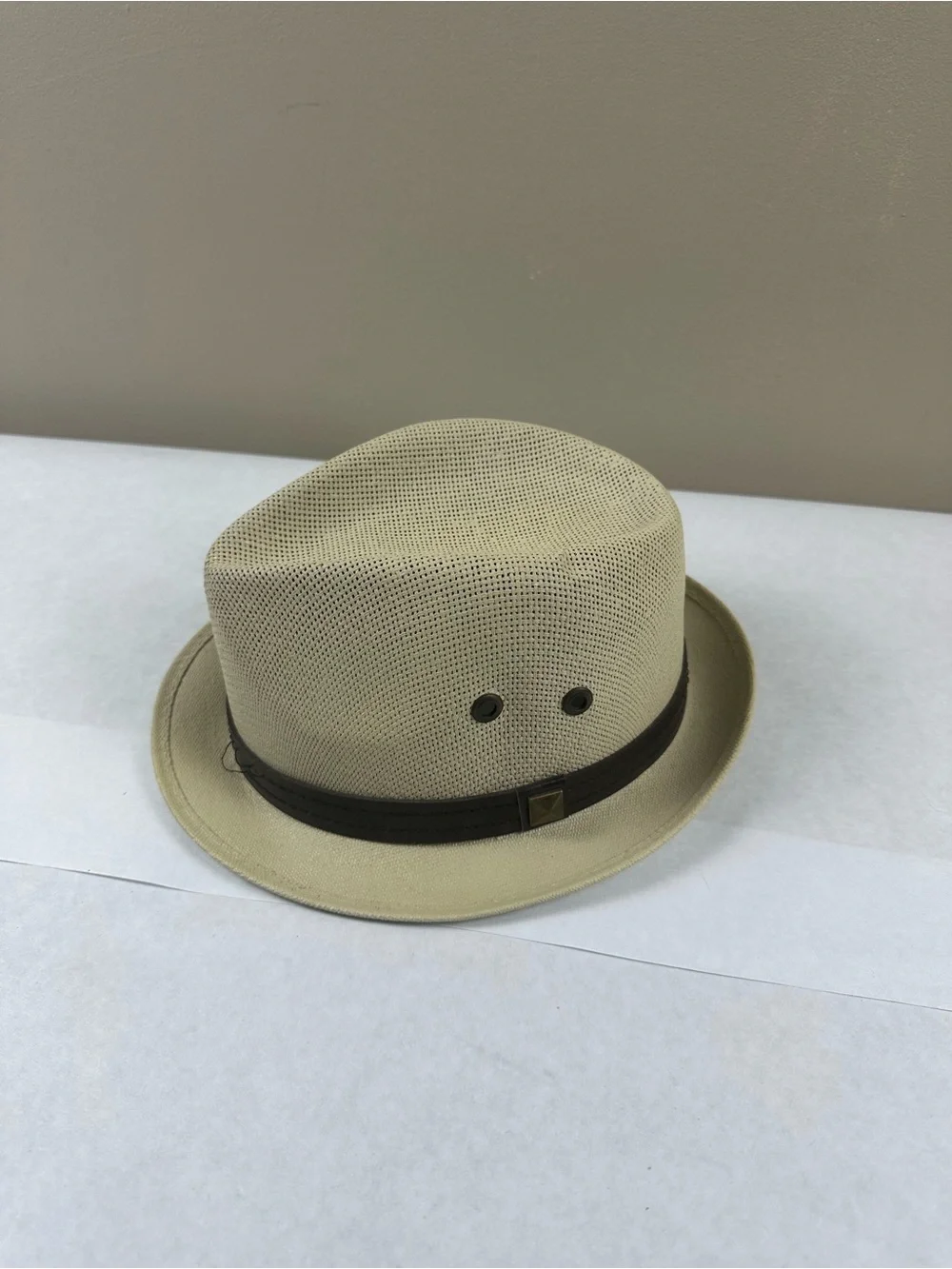 Jen West Lightweight Cream Straw Fedora with Contrasting Brown Band- Size Small